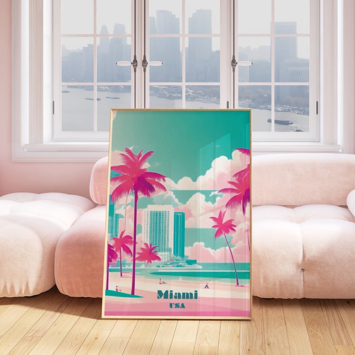 Miami City Travel Print Art Pink Blue Miami Travel Exhibition Print Trendy Wall Print Miami Poster Travel Posters Usa
