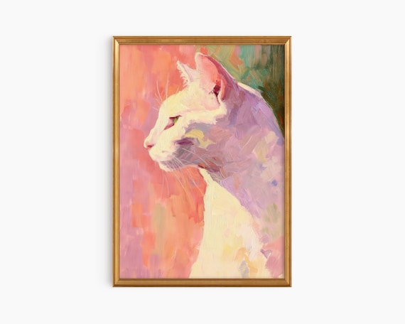 White Cat Profile Portrait Pastel Oil Painting Feline Art Print