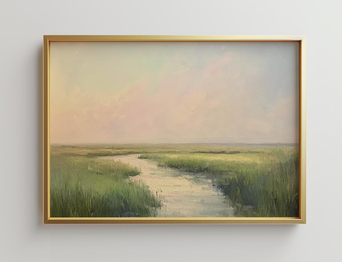 Serene Marsh Sunset Over Green Wetland Grassland Landscape Poster