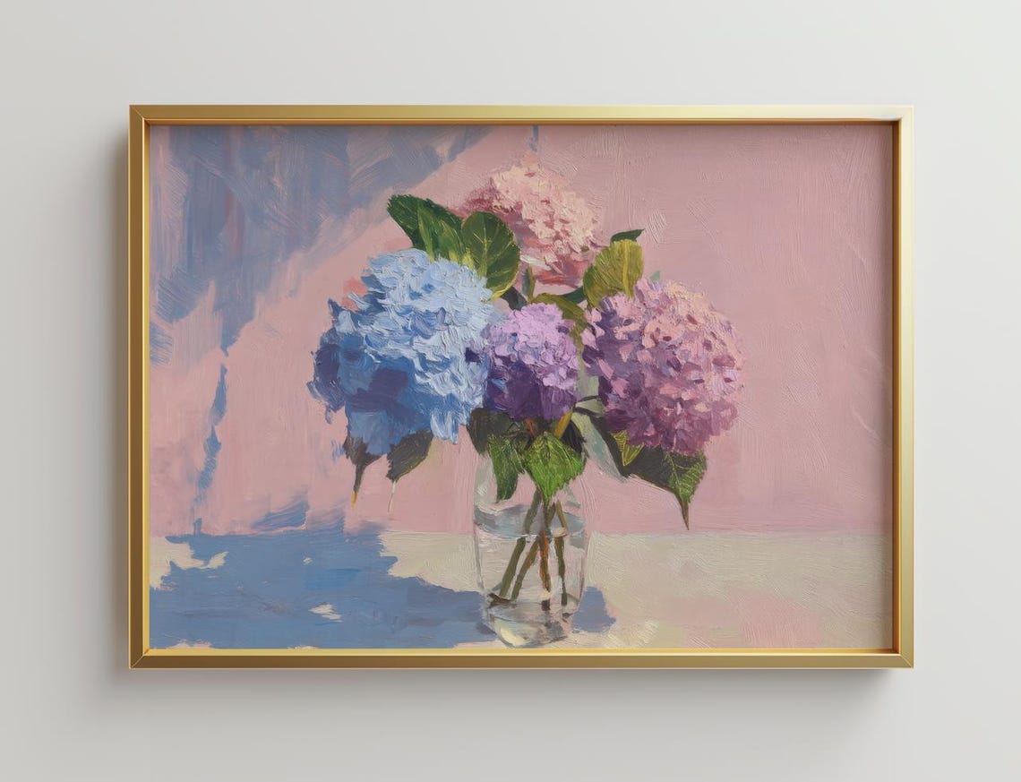 Pink and Blue Hydrangea Bouquet Glass Vase Oil Painting Poster