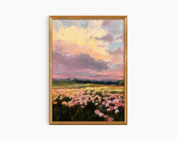 Framed Flowery Field Sunset Oil Painting Art Print