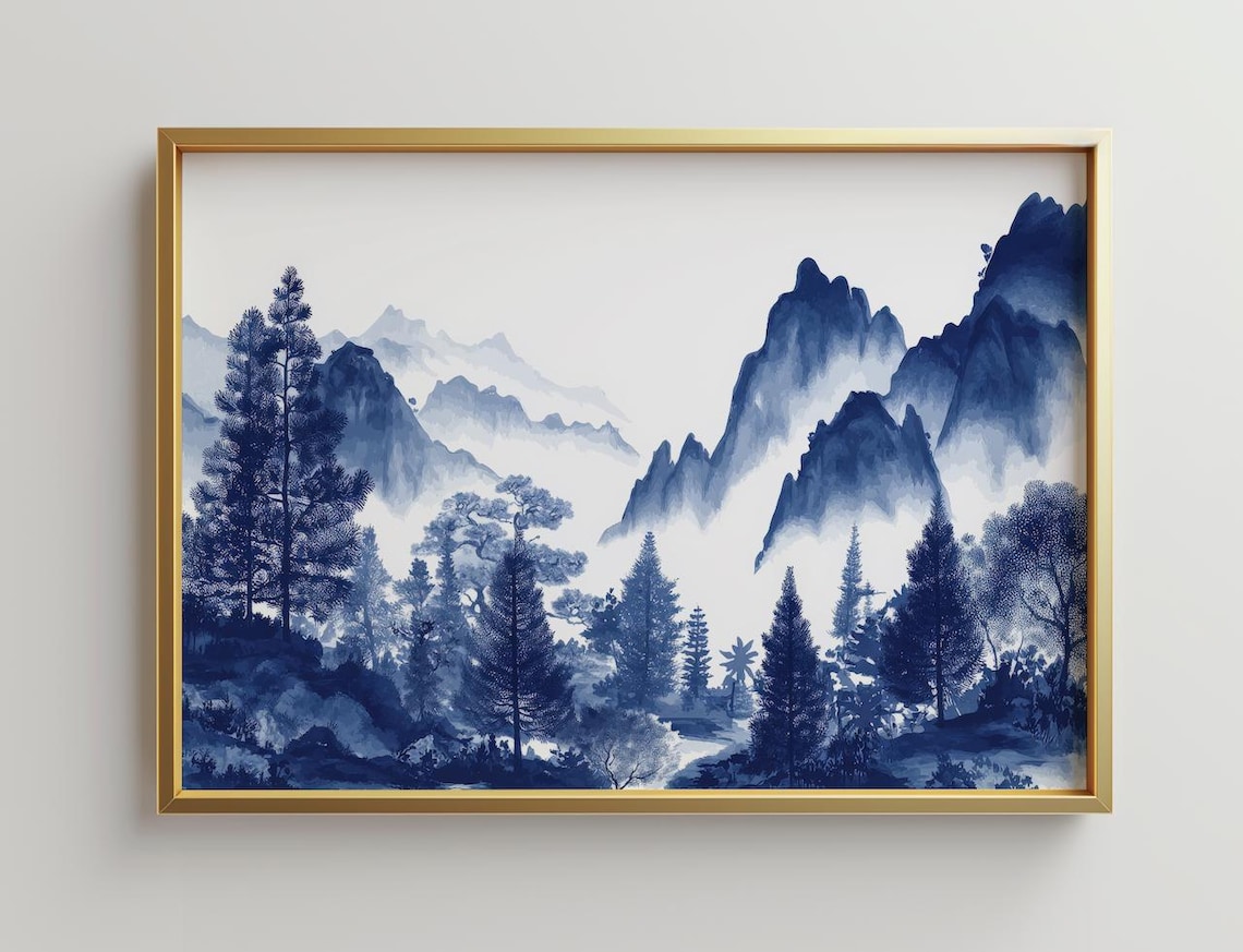 Chinoiserie Mountainscape Art Print, Modern Neutral Landscape