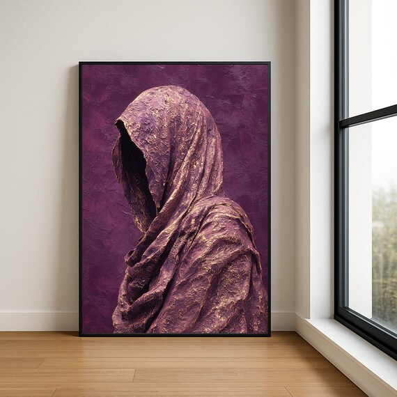 Violet Hooded Figure Gold Trim Textured Abstract Painting Poster