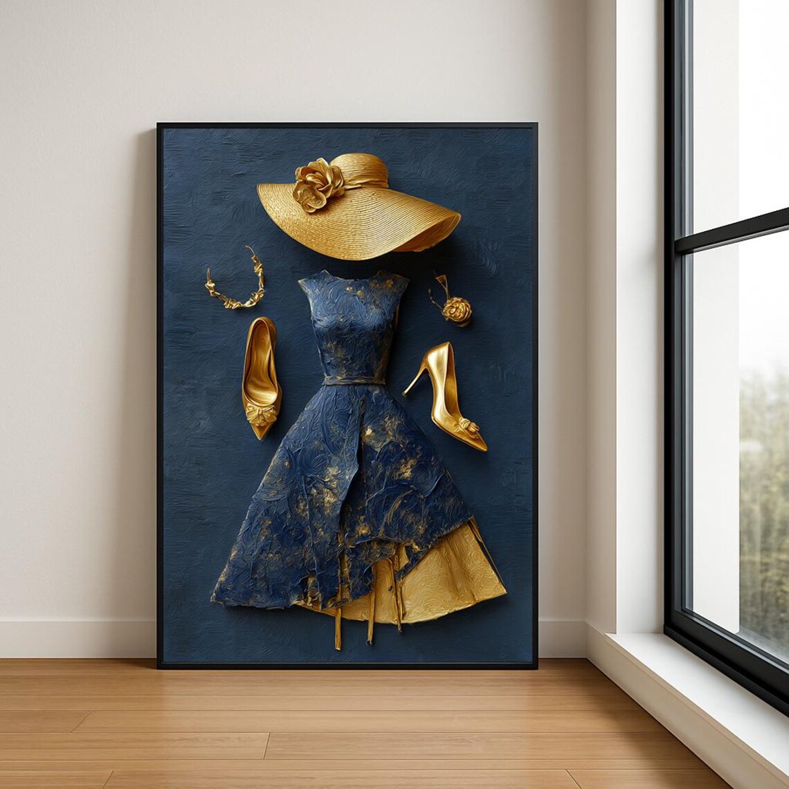 Navy Blue Gold Dress Straw Hat Heels Flat Lay Fashion Style Poster