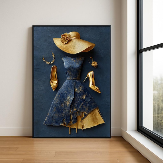 Navy Blue Gold Dress Straw Hat Heels Flat Lay Fashion Style Poster
