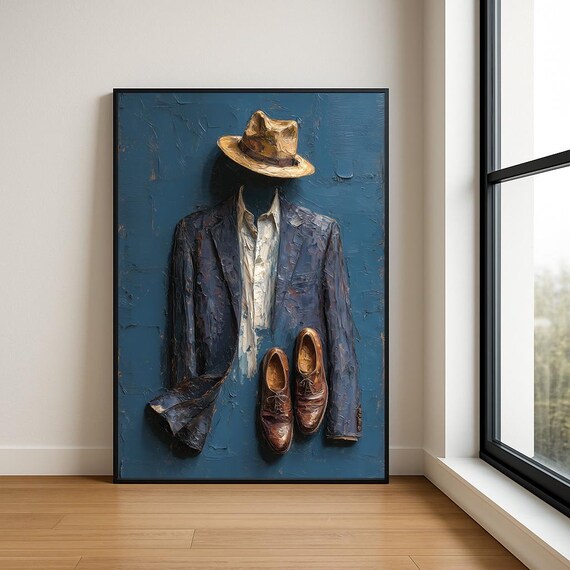 Modern Gentleman Abstract Oil Painting Suit Hat Wall Art Luxury Decor Print