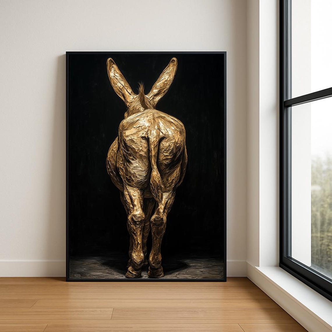 Golden Donkey Rear View Textured Oil Painting Black Background Poster