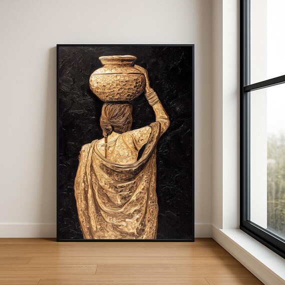 Hammered Textured Gold Woman Carrying Water Jar on Black Poster