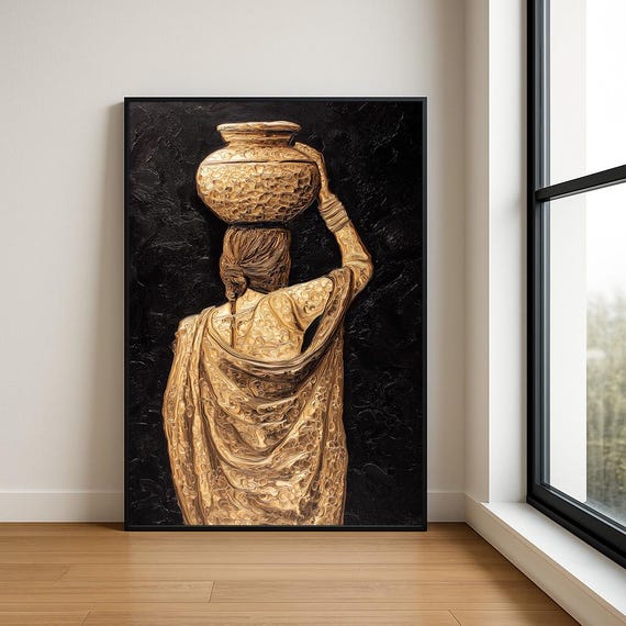 Traditional South Asian Woman Wall Oil Painting Luxury Textured Village Lady Decor