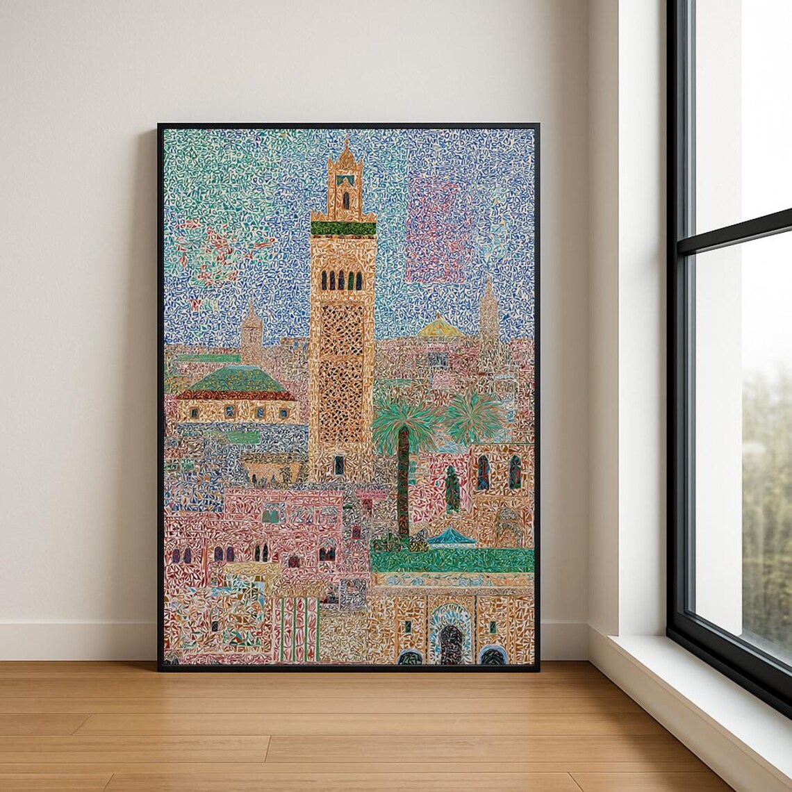 Moroccan Minaret Cityscape Pointillist Mosaic Style Art Poster