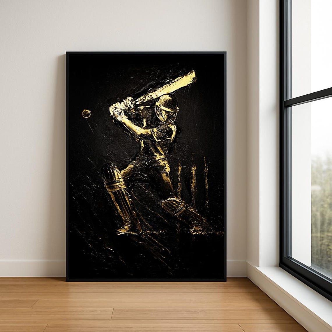 Golden Cricket Batsman Sports Oil Painting Black Background Poster