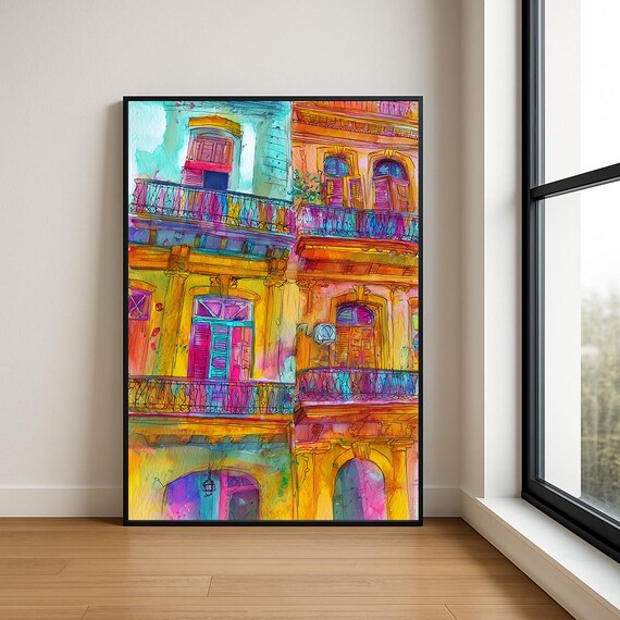 Colorful Mediterranean Coastal Village Bright Watercolor Wall Art