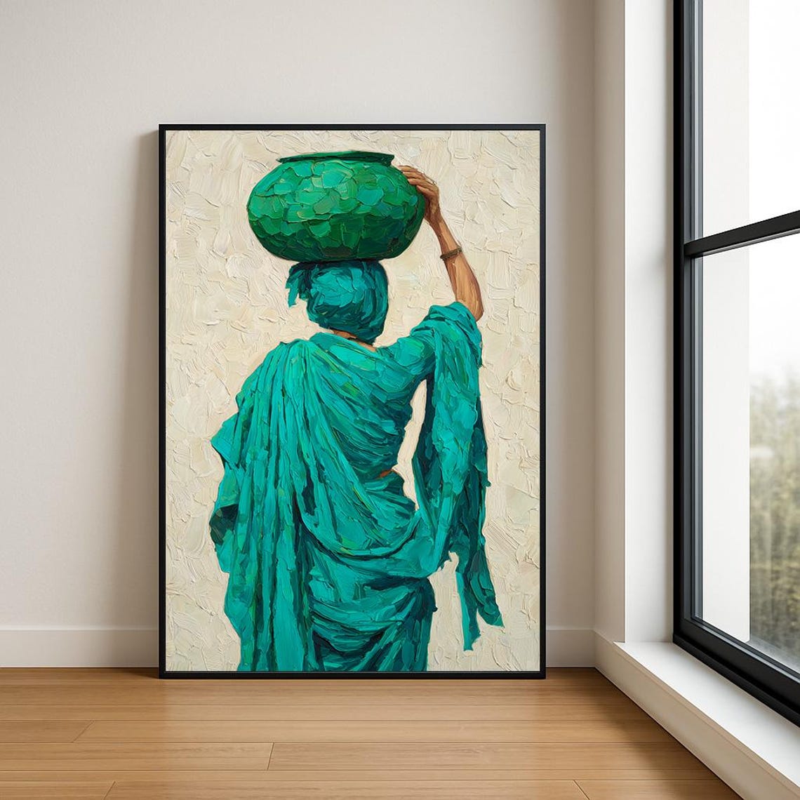 Emerald Green Woman Carrying Water Pot Textured Impasto Oil Poster