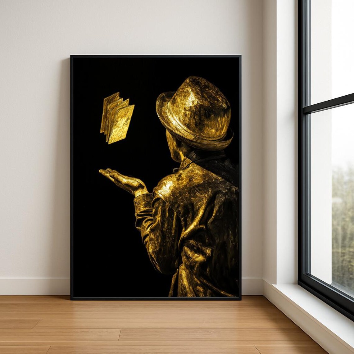 Golden Magician with Floating Playing Cards Mystic Hat Trick Poster