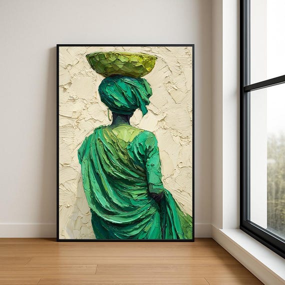 Traditional South Asian Woman Wall Oil Painting Luxury Textured Village Lady Decor