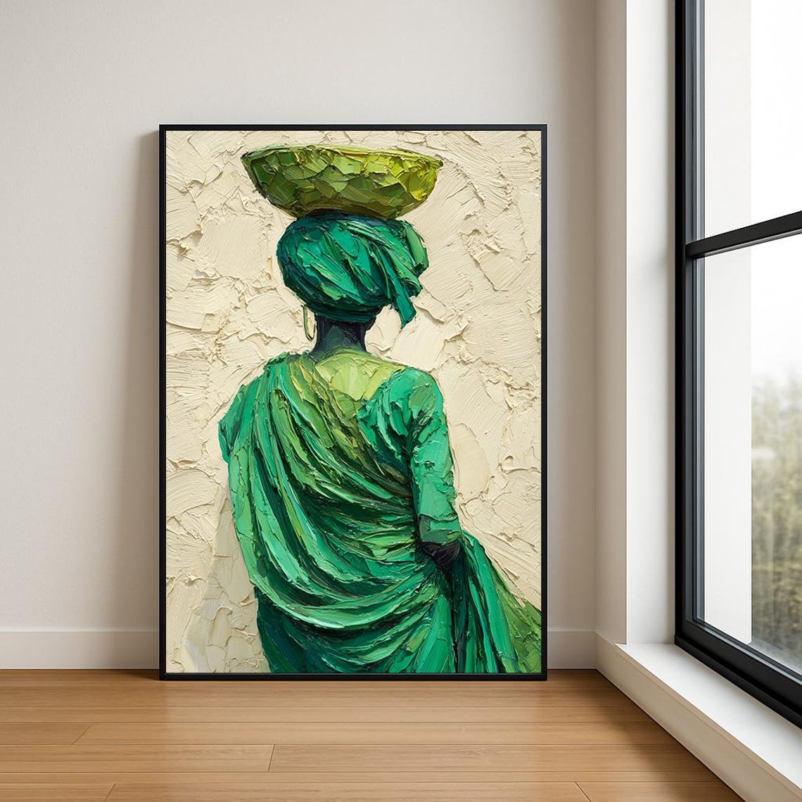 Emerald Green Woman with Headwrap Balancing Bowl Painting Poster