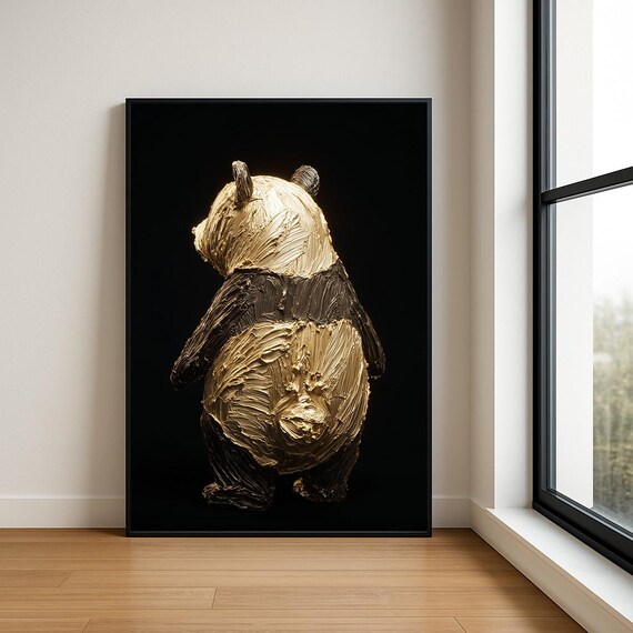 Golden Panda Bear Black Background Textured Impasto Oil Painting Wall Art