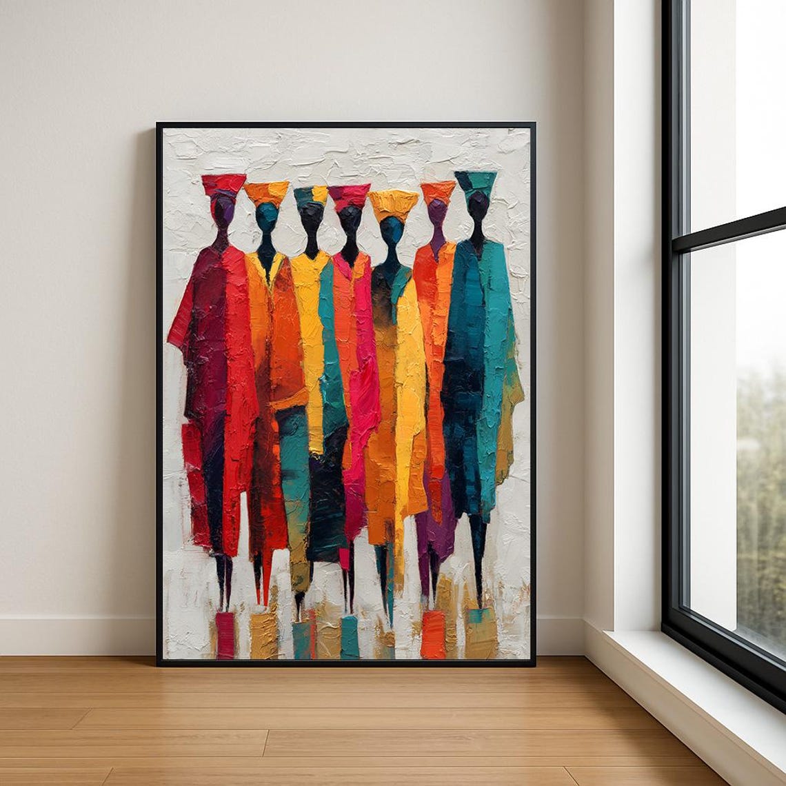 Seven Colorful Abstract Figures Headdresses Modern Painting Poster
