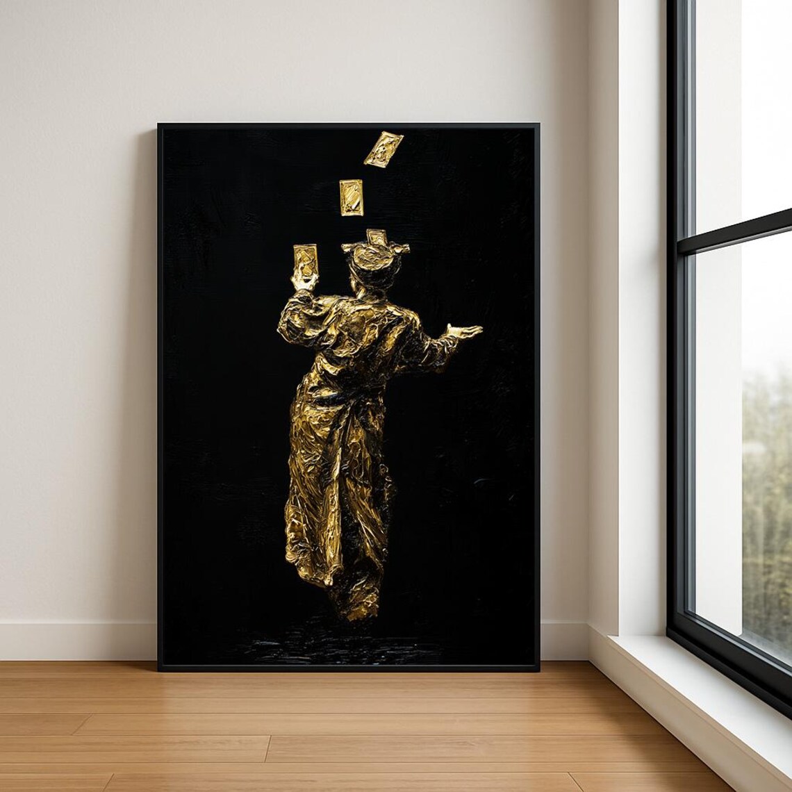 Golden Magician Tossing Playing Cards Mystic Textured Oil Poster