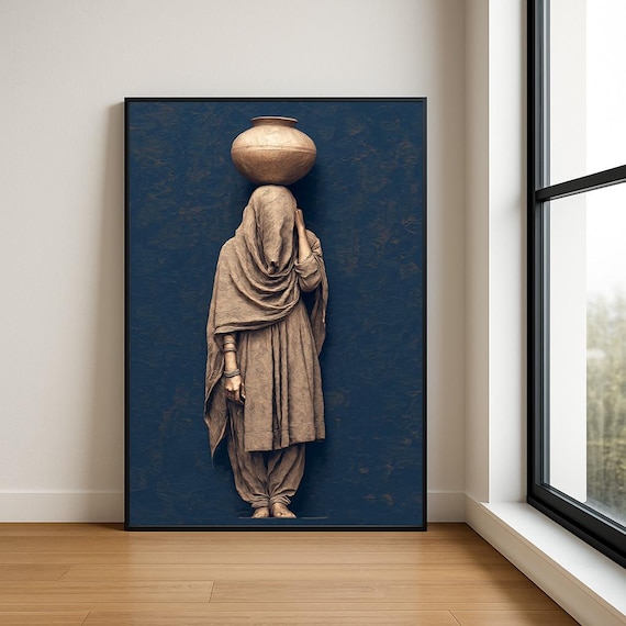 Woman Balancing Water Pot on Head Textured Sculpture Relief Poster