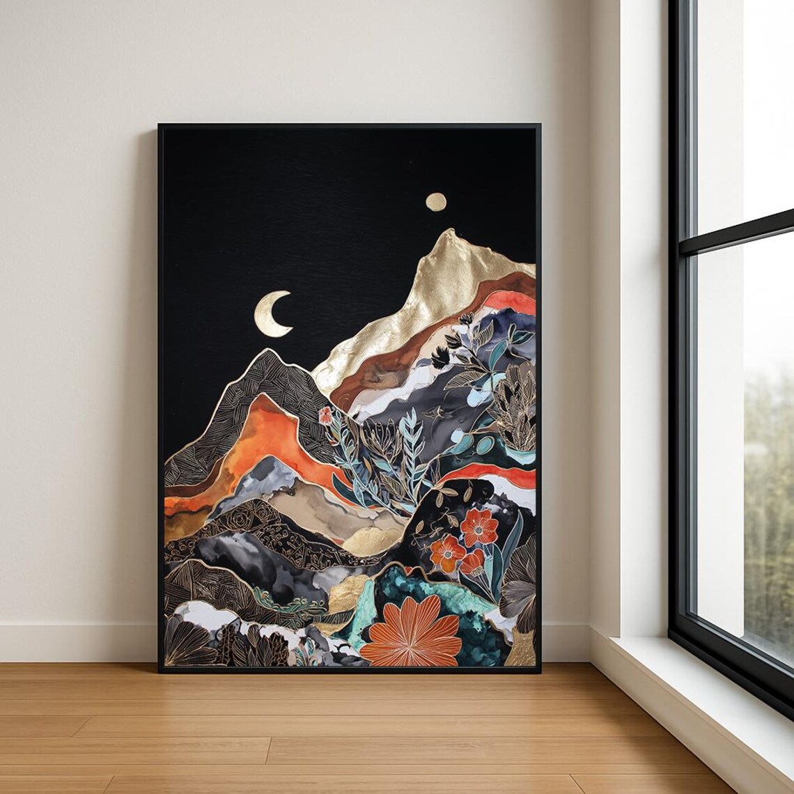 Golden Moonlit Mountains Floral Black Night Sky Dramatic Poster