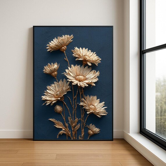 Golden Wildflowers Navy Canvas Textured Impasto Floral Oil Poster