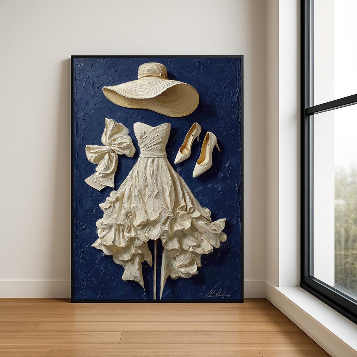 Golden Gown Lady on Black Canvas Impasto Chic Fashion Art Poster