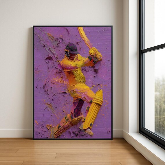 Golden Cricket Batsman Purple Impasto Sports Oil Painting Poster