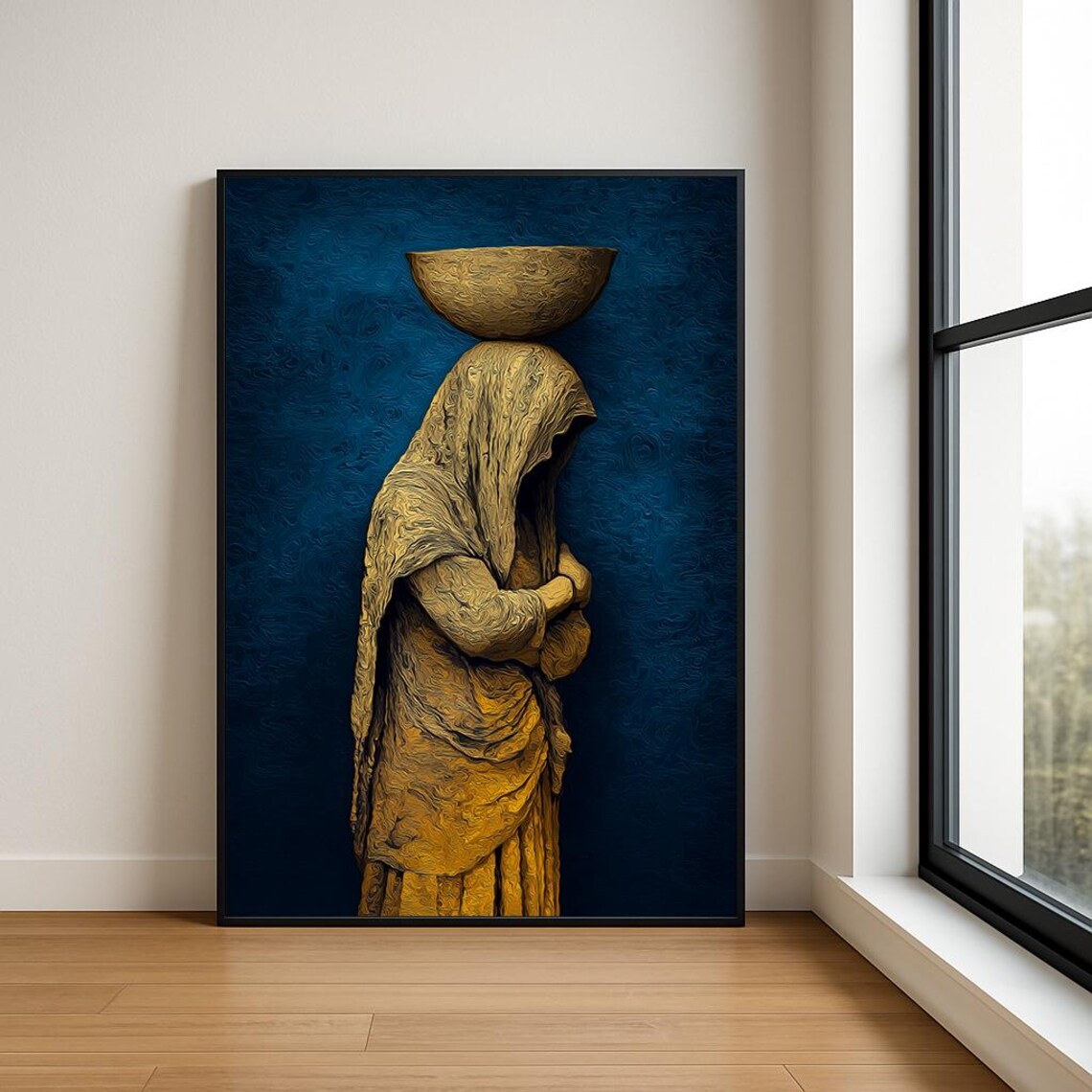 Woman Balancing Gold Bowl Deep Teal Textured Oil Painting Poster
