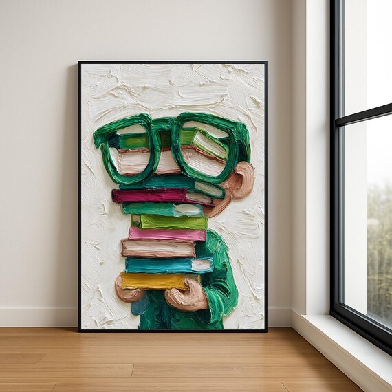 Book Lover with Stack of Colorful Books Green Glasses Art Poster