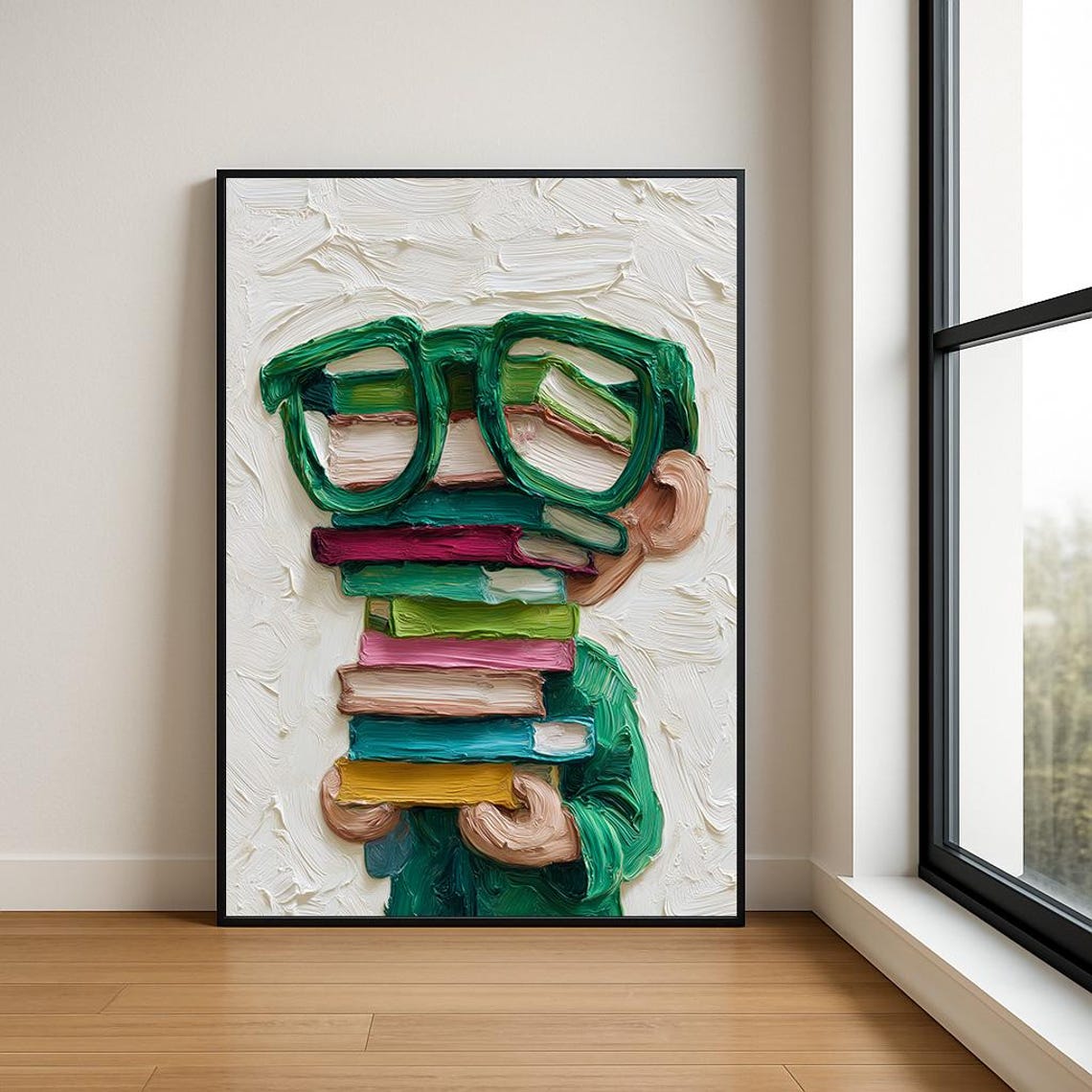 Book Lover with Stack of Colorful Books Green Glasses Art Poster