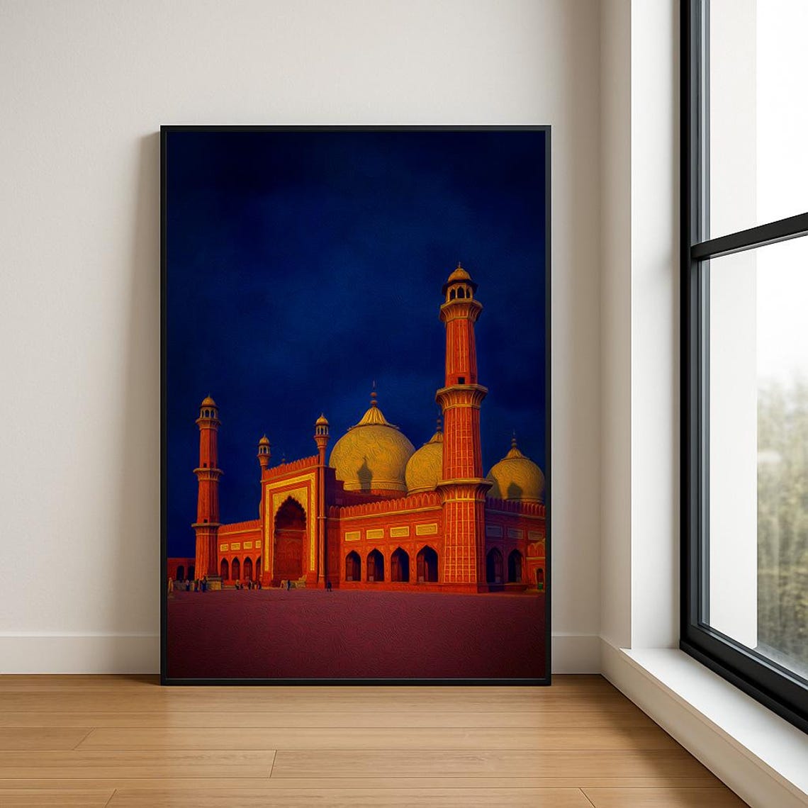 Glowing Red Sandstone Mosque with Golden Domes at Night Poster
