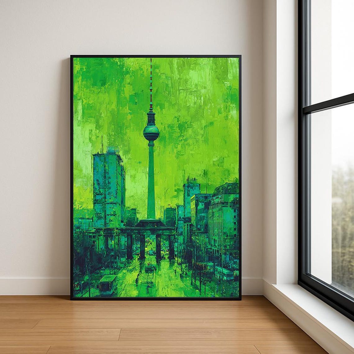 Berlin TV Tower Abstract Neon Green Cityscape Painting Poster