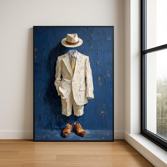 Modern Gentleman Abstract Oil Painting Suit Hat Wall Art Luxury Decor Print