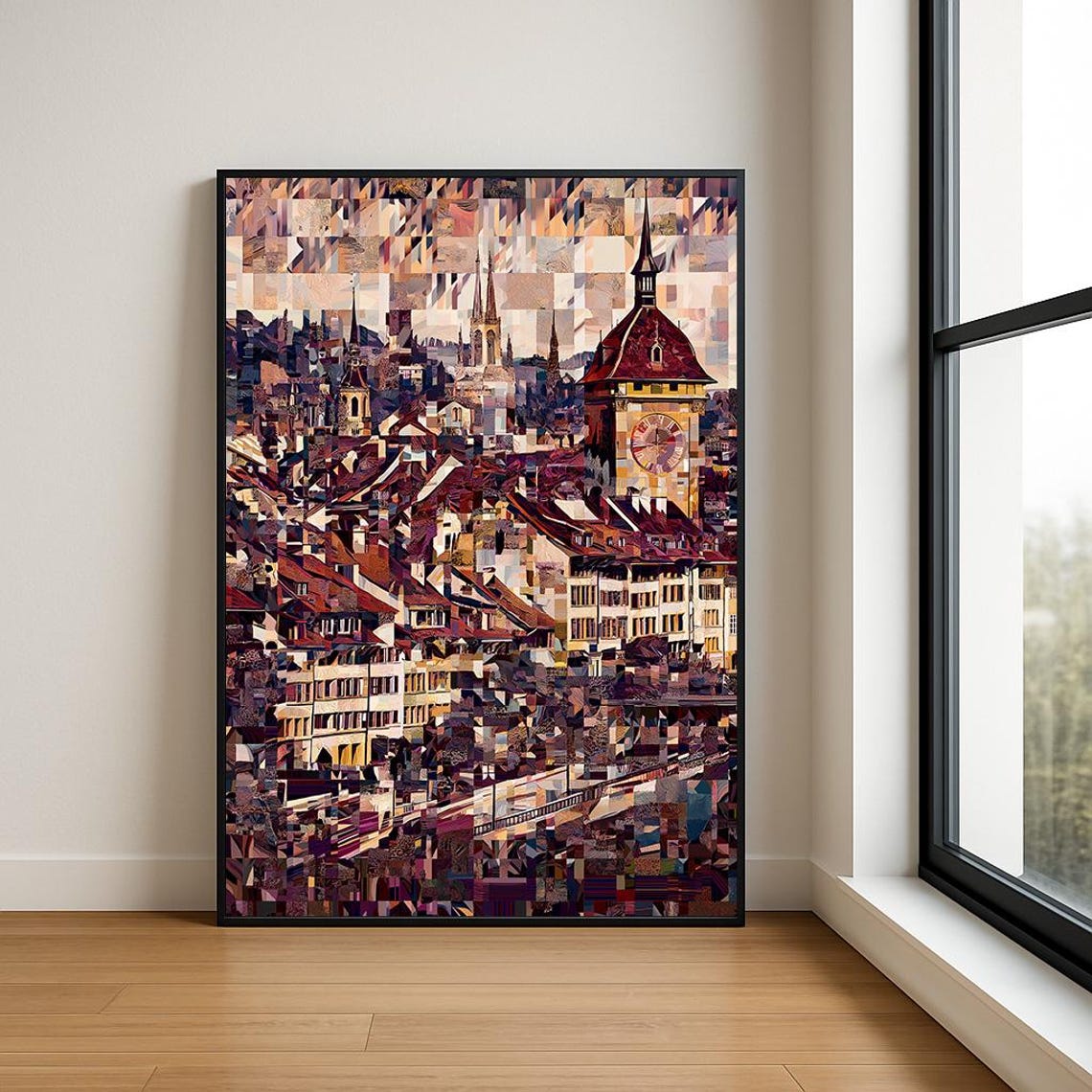 Historic Old Town Clock Tower Red Rooftops Mosaic Art Poster