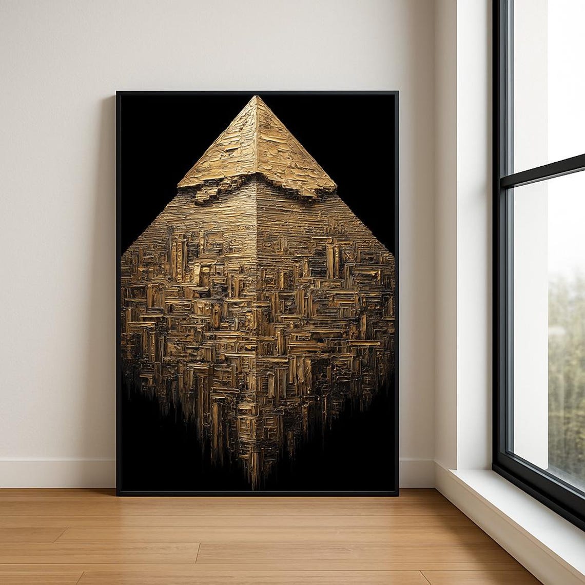 Golden Great Pyramid Textured Relief Art on Black Background Poster