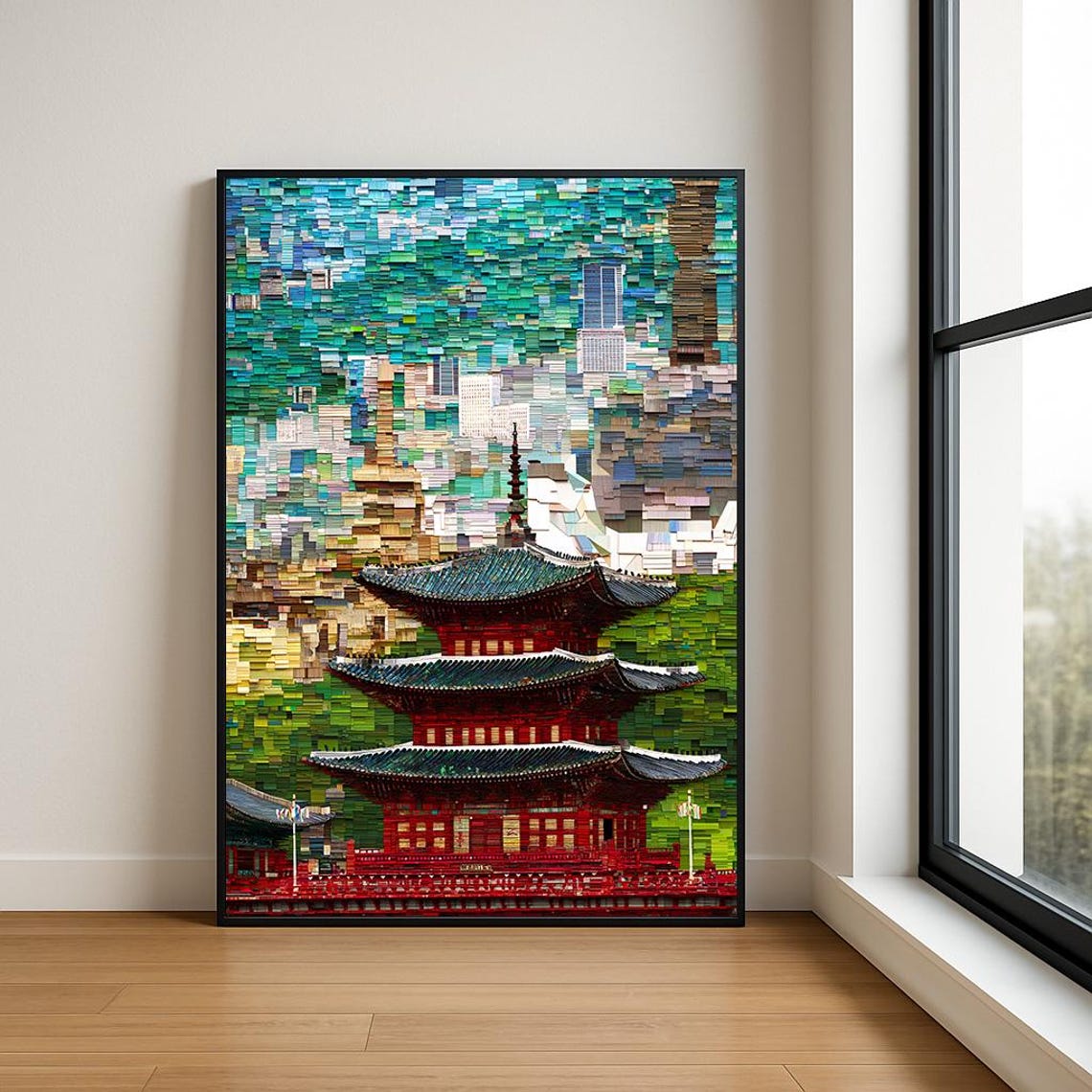 Korean Pagoda Temple Mosaic Cityscape Red Rooftop Art Style Poster