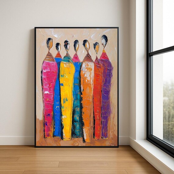 Vibrant Abstract Figures Colorful Tribal Modern Oil Painting Poster