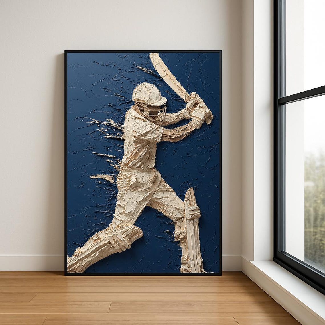 Cream Cricket Batsman Deep Navy Sculpted Relief Sports Poster
