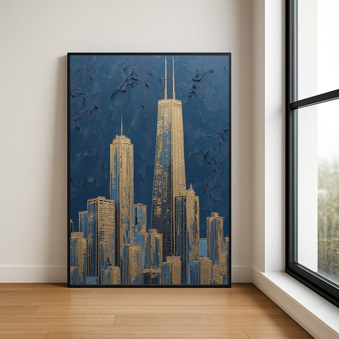 Chicago Skyline Gold And Navy Impasto Willis Tower Night Poster