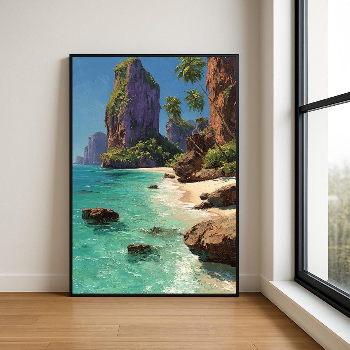 Emerald Lagoon Karst Cliffs Palm Beach Impasto Oil Painting Poster