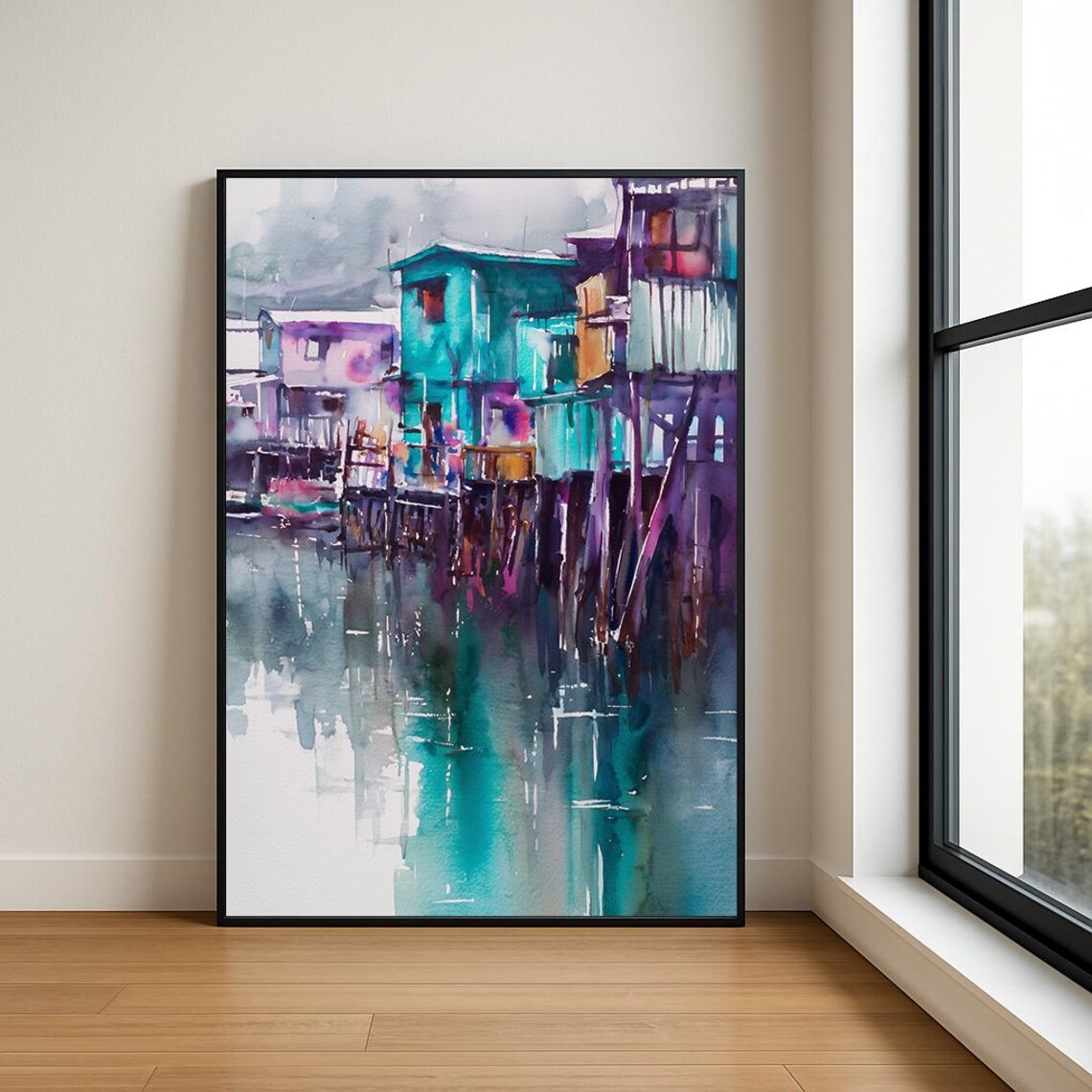 Stilt Houses Fishing Village Reflection Watercolor Art Poster