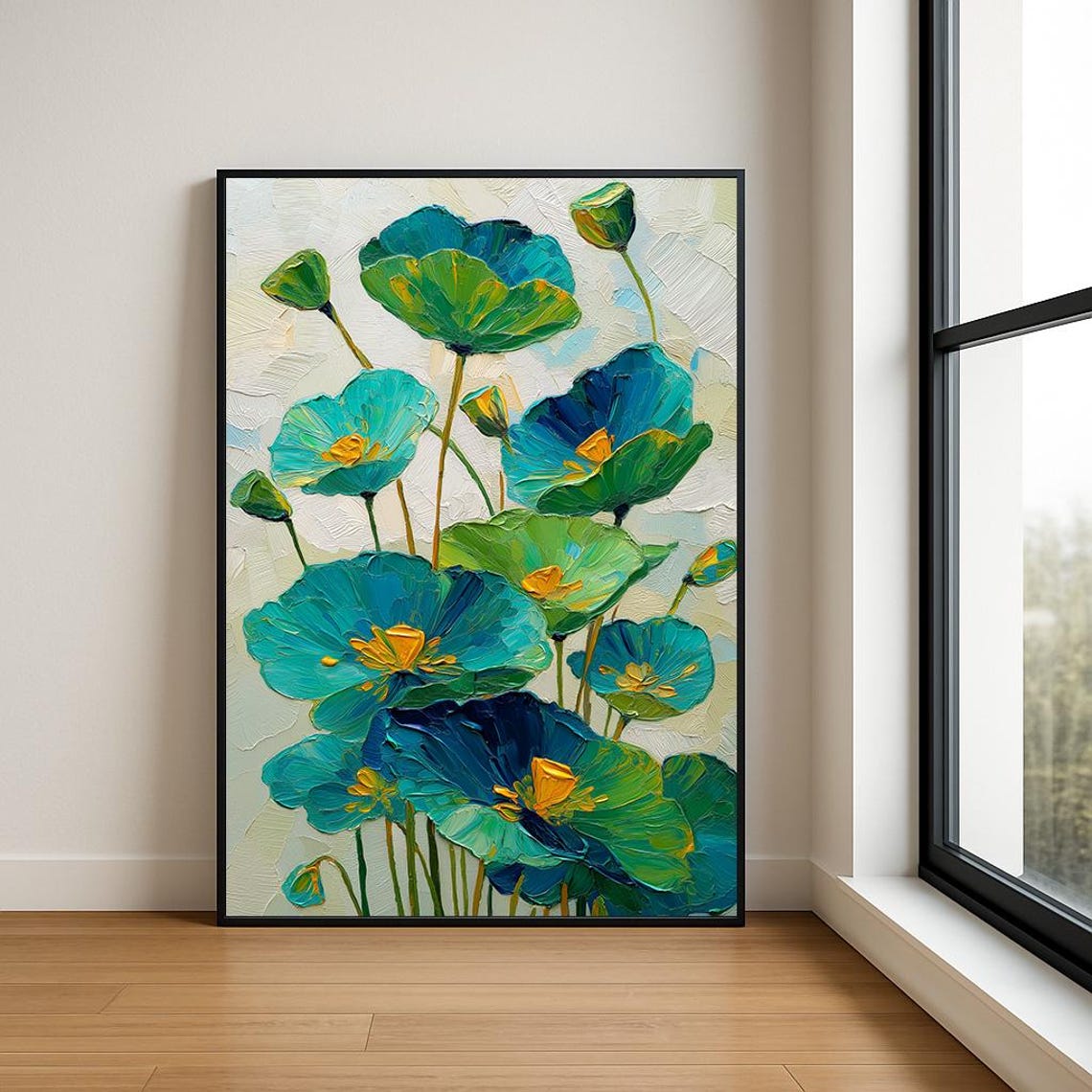 Teal Poppy Flowers Impasto Oil Painting Bright White Textured Poster