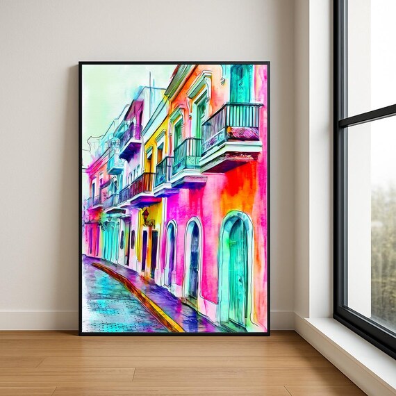 Colorful Caribbean Colonial Street Balconies Tropical Watercolor Poster