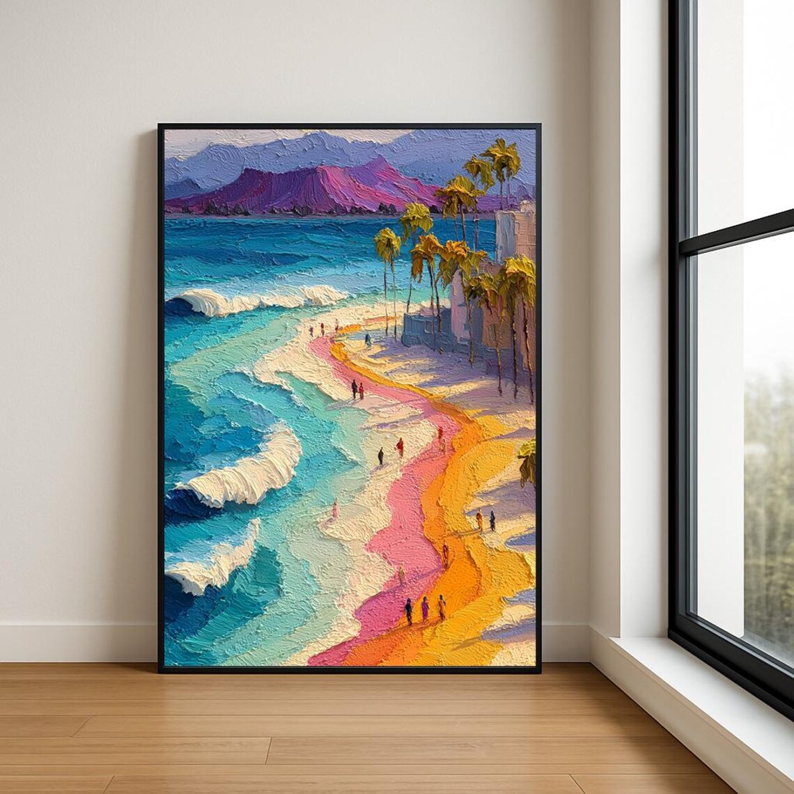 Colorful Tropical Beach Palm Trees Impasto Oil Painting Poster