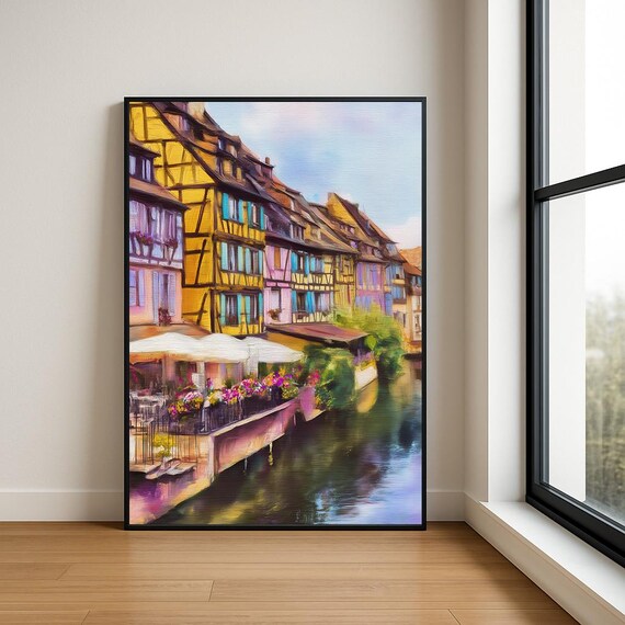 Colorful Half-Timbered Canal Town European Watercolor Poster