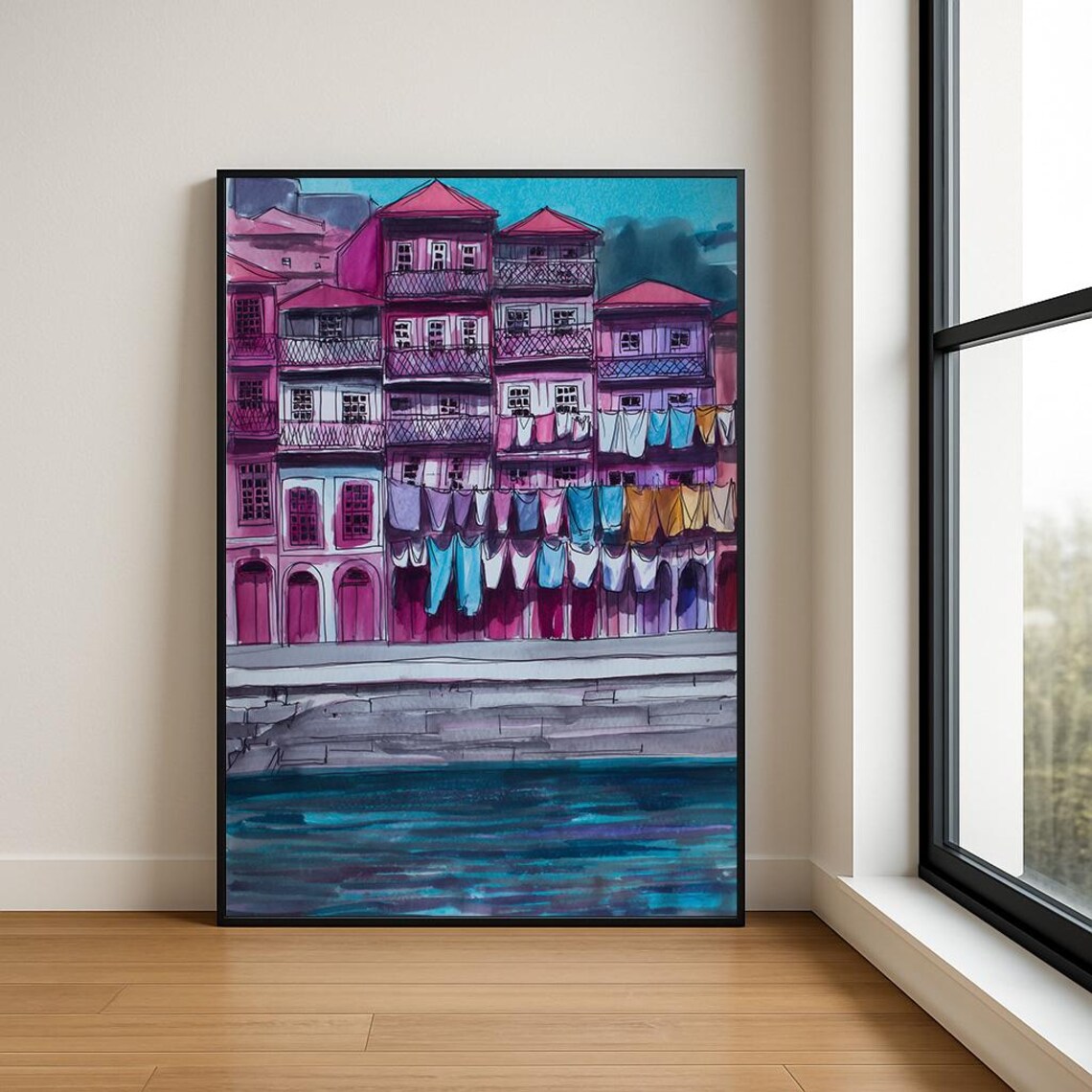 Porto Portugal Colorful Waterfront Houses Hanging Laundry Watercolor Poster