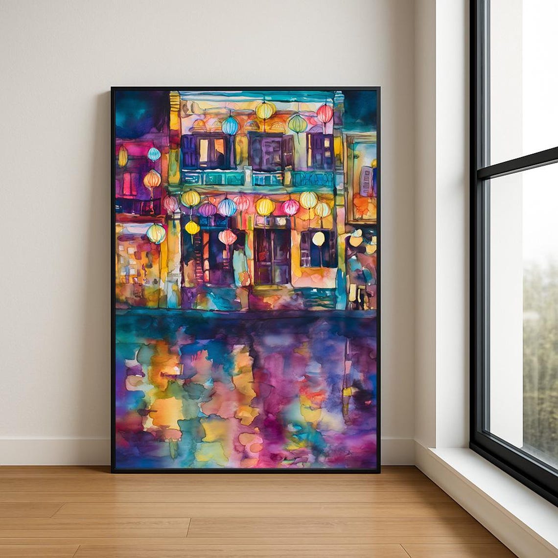 Lantern Lit Old Town Street Night Reflections Watercolor Poster