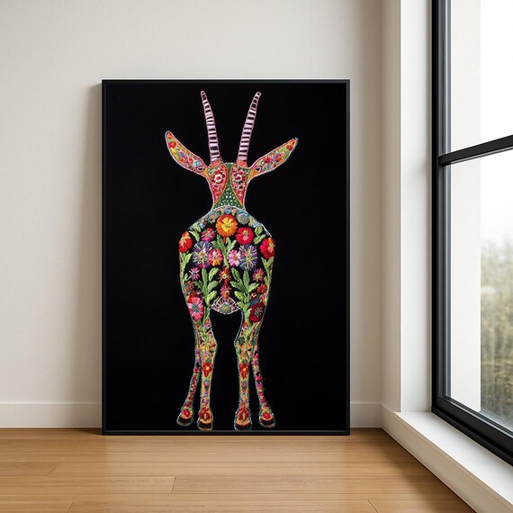 Colourful Embroidered Animal Wall Art Boho Illustration Print Vibrant Textile Style Home Decor
