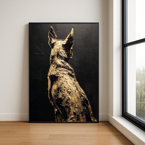 Golden Wolf Impasto Oil Painting Wild Animal Portrait Black Poster